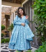 Heavy and ethnic graceful looks sky blue colour stylish dress for partywear looks