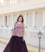 Trending Flower Digital Print & Rich Sequins Embroidered Work Blouse And Plain Crushed Lehenga 