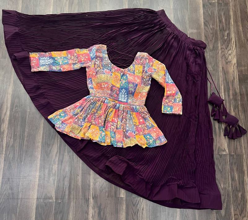 Trending Flower Digital Print & Rich Sequins Embroidered Work Blouse And Plain Crushed Lehenga 