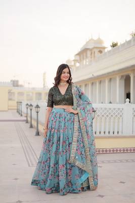 Sky Color Premium Digital Floral Print Russian Silk Fabric Lehenga Choli  1