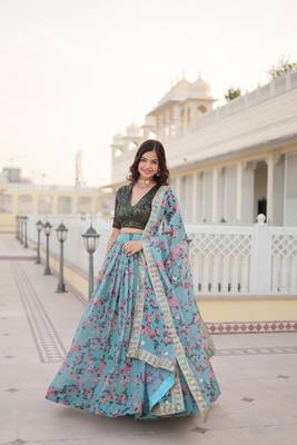 Sky Color Premium Digital Floral Print Russian Silk Fabric Lehenga Choli  3