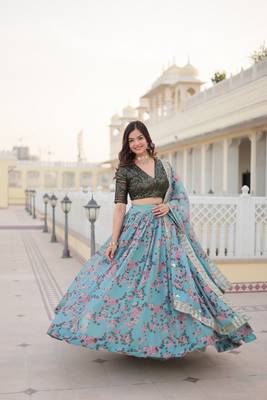 Sky Color Premium Digital Floral Print Russian Silk Fabric Lehenga Choli  4