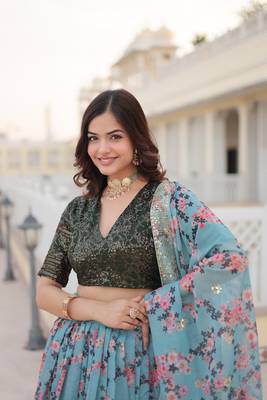 Sky Color Premium Digital Floral Print Russian Silk Fabric Lehenga Choli  5