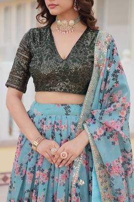 Sky Color Premium Digital Floral Print Russian Silk Fabric Lehenga Choli  6