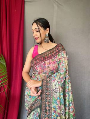 Green Cotton Blend Printed Work Rich Pallu Saree With Blouse 1