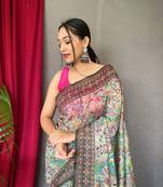 Green Cotton Blend Printed Work Rich Pallu Saree With Blouse