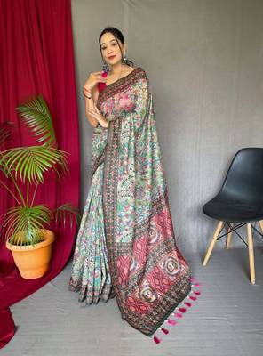 Green Cotton Blend Printed Work Rich Pallu Saree With Blouse 2