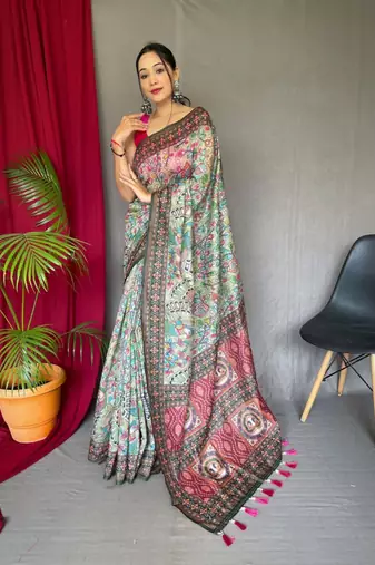 Green Cotton Blend Printed Work Rich Pallu Saree With Blouse