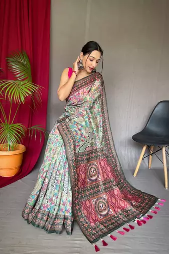 Green Cotton Blend Printed Work Rich Pallu Saree With Blouse