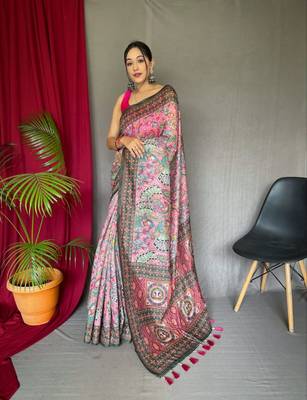Pink Cotton Blend Printed Work Rich Pallu Saree With Blouse 1