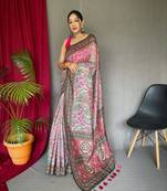 Pink Cotton Blend Printed Work Rich Pallu Saree With Blouse