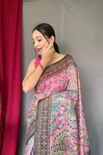 Pink Cotton Blend Printed Work Rich Pallu Saree With Blouse