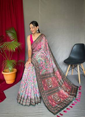 Pink Cotton Blend Printed Work Rich Pallu Saree With Blouse 3