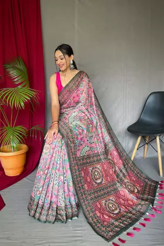 Pink Cotton Blend Printed Work Rich Pallu Saree With Blouse