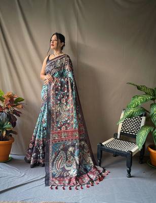 Women Aqua Blue  Malai Cotton And Kalamkari Print Rich Pallu Saree With Blouse For Women 1
