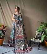 Women Aqua Blue  Malai Cotton And Kalamkari Print Rich Pallu Saree With Blouse For Women