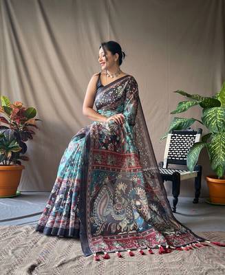 Women Aqua Blue  Malai Cotton And Kalamkari Print Rich Pallu Saree With Blouse For Women 2