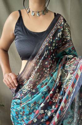 Women Aqua Blue  Malai Cotton And Kalamkari Print Rich Pallu Saree With Blouse For Women 3