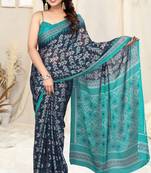 Navy Blue Chiffon Block Print Patola Print Chevron Print Chevron Print Border Saree With Unstitched Blouse Piece