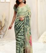 Light Green Organza Floral Print Zari Border Saree With Unstitched Blouse Piece