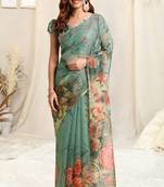 Green Organza Floral Print Zari Border Saree With Unstitched Blouse Piece