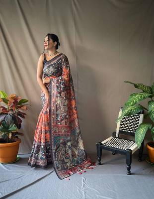 Orange Cotton Blend Kalamkari Print Rich Pallu Saree With Blouse 1