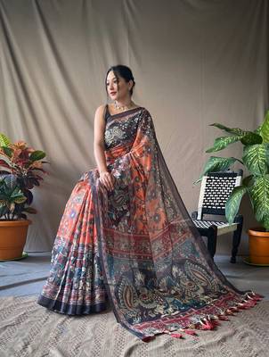 Orange Cotton Blend Kalamkari Print Rich Pallu Saree With Blouse 2