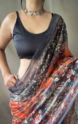 Orange Cotton Blend Kalamkari Print Rich Pallu Saree With Blouse 3