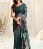 Black organza floral print zari border saree with unstitched blouse piece