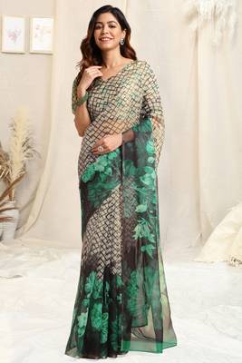 Off White Organza Geometirc Print Floral Print Zari Border Saree With Unstitched Blouse Piece 1