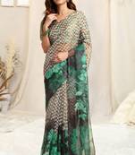 Off White Organza Geometirc Print Floral Print Zari Border Saree With Unstitched Blouse Piece