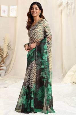 Off White Organza Geometirc Print Floral Print Zari Border Saree With Unstitched Blouse Piece 2