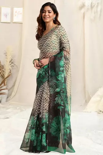 Off White Organza Geometirc Print Floral Print Zari Border Saree With Unstitched Blouse Piece