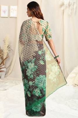 Off White Organza Geometirc Print Floral Print Zari Border Saree With Unstitched Blouse Piece 3