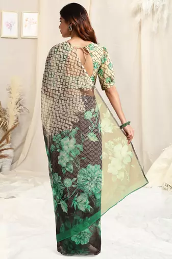 Off White Organza Geometirc Print Floral Print Zari Border Saree With Unstitched Blouse Piece