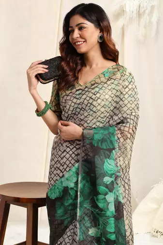 Off White Organza Geometirc Print Floral Print Zari Border Saree With Unstitched Blouse Piece