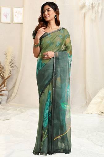 Olive green organza floral print zari border saree with unstitched blouse piece