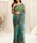 Olive green organza floral print zari border saree with unstitched blouse piece