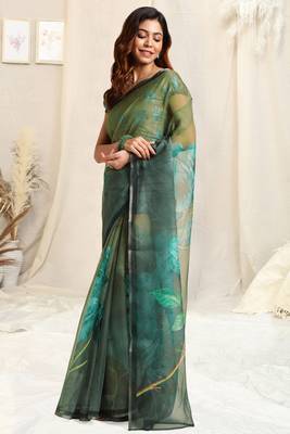 Olive green organza floral print zari border saree with unstitched blouse piece 2