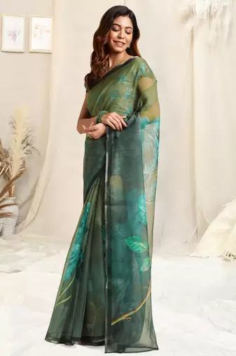 Olive green organza floral print zari border saree with unstitched blouse piece