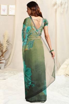 Olive green organza floral print zari border saree with unstitched blouse piece 3