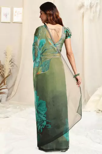 Olive green organza floral print zari border saree with unstitched blouse piece