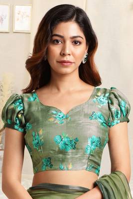 Olive green organza floral print zari border saree with unstitched blouse piece 4