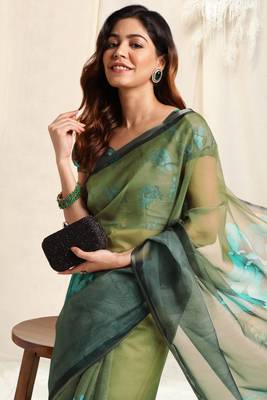 Olive green organza floral print zari border saree with unstitched blouse piece 5