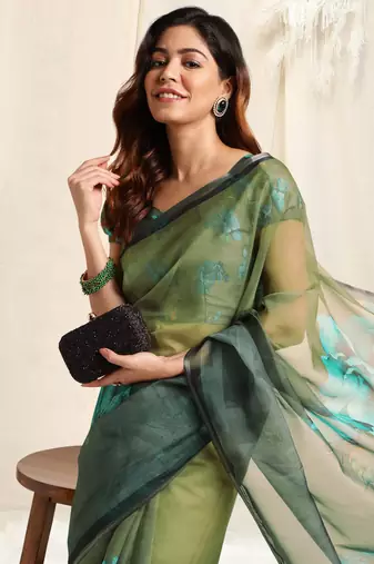 Olive green organza floral print zari border saree with unstitched blouse piece