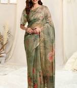 Light olive green organza zari border saree with unstitched blouse piece