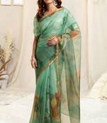 Light Teal Organza Floral Print Zari Border Saree With Unstitched Blouse Piece