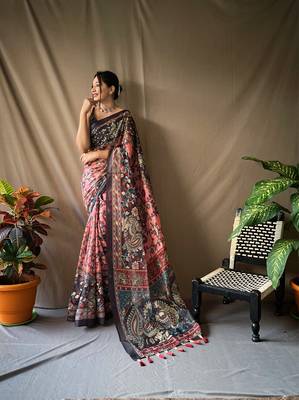 Pink Cotton Blend  Kalamkari Print Rich Pallu Saree With Blouse 1