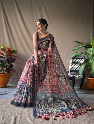 Pink Cotton Blend  Kalamkari Print Rich Pallu Saree With Blouse 2