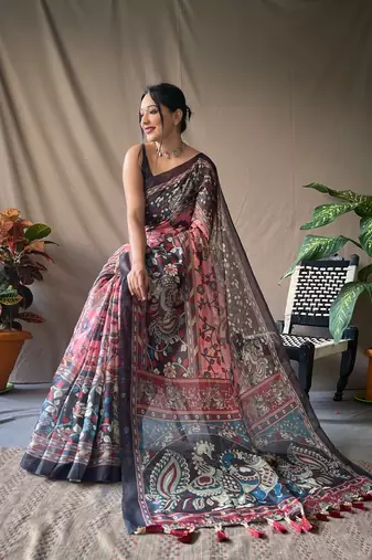 Pink Cotton Blend  Kalamkari Print Rich Pallu Saree With Blouse